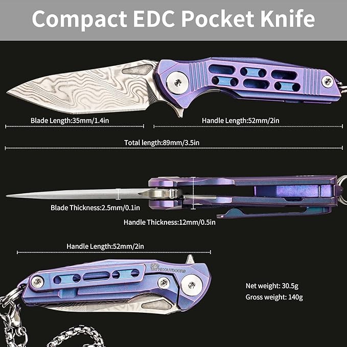 HX OUTDOORS Mini Pocket Knife, High End Damascus Steel Small Folding Knife with Non Slip Titanium Alloy Handle (Blue)