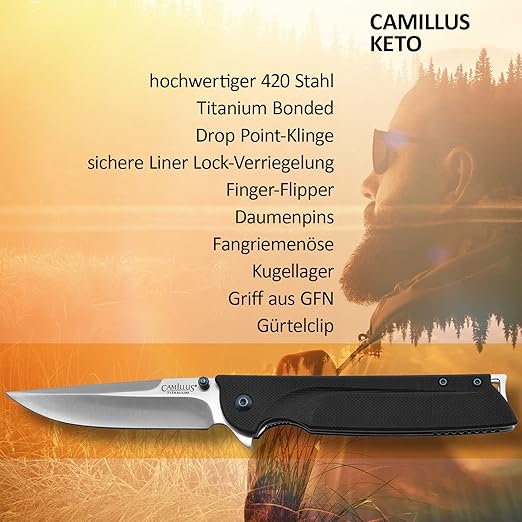 Camillus 19392 Keto Titanium Bonded 420 Stainless Steel Drop-Point Folding Knife with 3" Blade and Pocketclip, 8" Length
