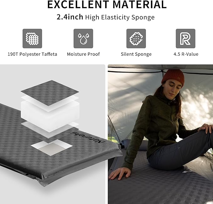 Naturehike Sleeping Pad, 2.4 inch Thick Self Inflating Sleeping Pad for Camping, Durable Camping Mattress Connectable with Multiple, Lightweight Sleeping Mats for Backpacking, Tent, Hammock, Hiking