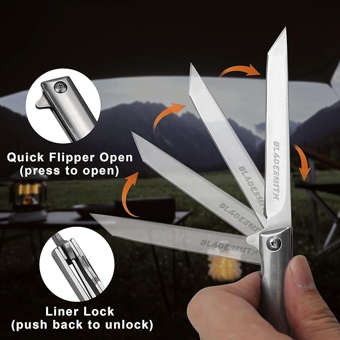BLADESMITH Pocket Folding Knife, Gentlemen`s Slim EDC Knife, 3.5" 5Cr15Mov Steel Blade, Fully Silver Ti-coated Stainless Steel handle, with Leather Sheath