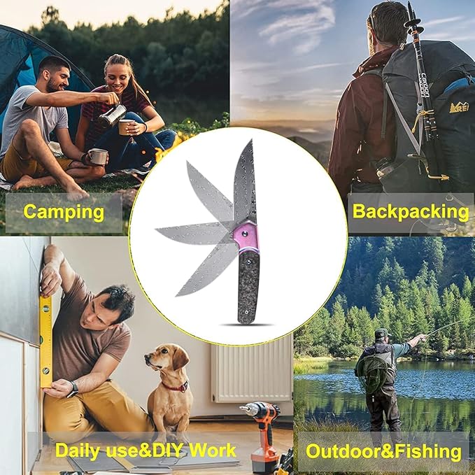 Sitivien ST252 Damascus Steel Folding Knife,Damascus Blade,Titanium Carbon Fiber Handle EDC Knife for Outdoor Camping Hiking(Pink) …