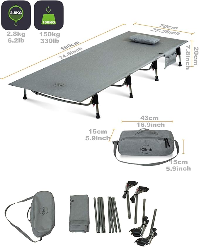 iClimb Super Easy Assemble Folding Cot Ultralight Compact Heavy Duty with Carry Bag for Adults Camping Backpacking (Grey)