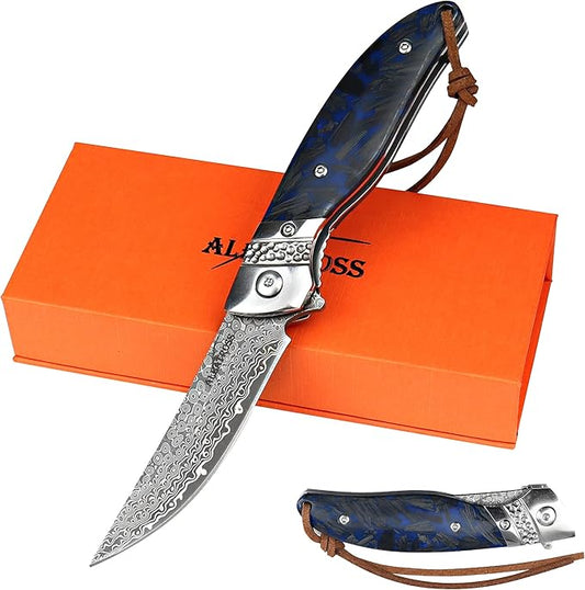 ALBATROSS HGDK028 EDC Sharp Mordern Damascus Folding Pocket Knife with Blue Fluorescent Carbon Handle,Ball Bearing Assisted Opening Knives with Liner Lock Tail rope，Gifts/Collections