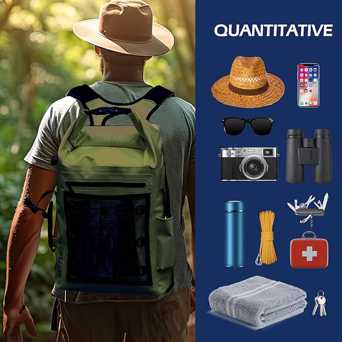 Goture Dry Bag Waterproof Backpack,20L Fishing Tackle Bag with Rod Holder,Padded Shoulder Straps and Air Exhaust Valve,500D PVC Dry Sack Bag with Phone Case for Kayaking,Boating,Fishing,Travel
