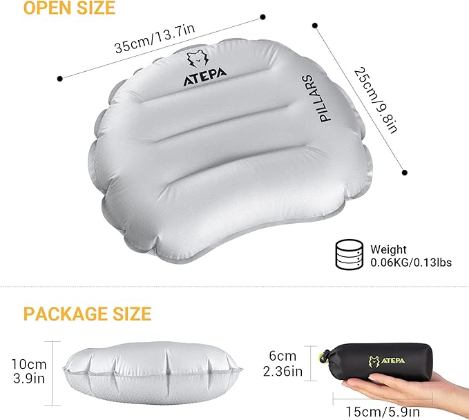 ATEPA Ultralight Inflatable Pillow - Camping Travel, 2oz Insulated Compact, Comfortable, Inflating Pillows for Neck & Lumbar Support for Hiking, Backpacking