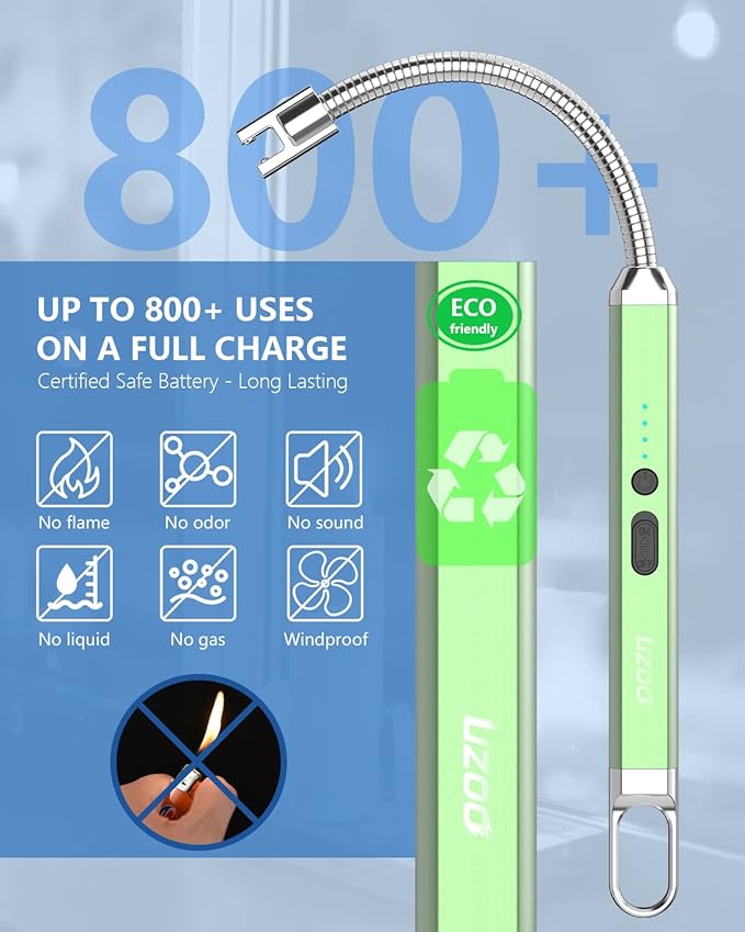 Long Lighter, Upgraded USB Electric Lighter, Rechargeable Arc Lighter with LED Display, 360° Flexible Neck Flameless Grill Long Lighters for Candle Aromatherapy Camping BBQ Gas Stove-Green