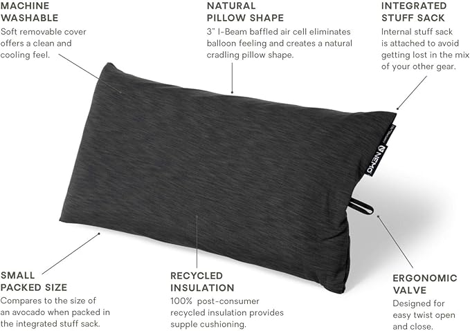 NEMO Fillo Elite Luxury Pillow | Inflatable Pillow for Travel, Backpacking, and Camping, Midnight Grey