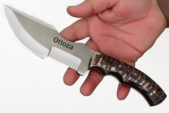 Ottoza Tracker Knife & Ram Horn Handle - Fixed Blade Hunting Knife - Horizontal Carry Knife Sheath 376