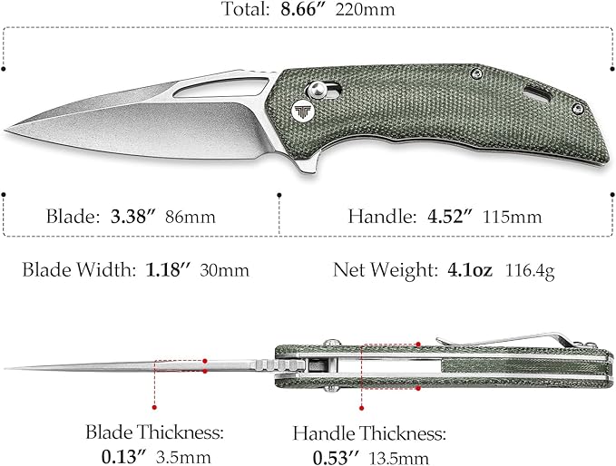 Pocket Folding knife for Men with Clip for EDC Camping Outdoor，3.38" 14C28N Steel Flipper Blade，Micarta Handle for Everyday Carry，Vela-04G