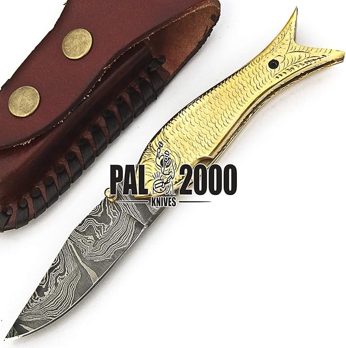 PAL 2000 KNIVES FOL-9573 Handmade Damascus Folding Custom Pocket Knife for Camping Fishing Outdoor Knife with Sheath
