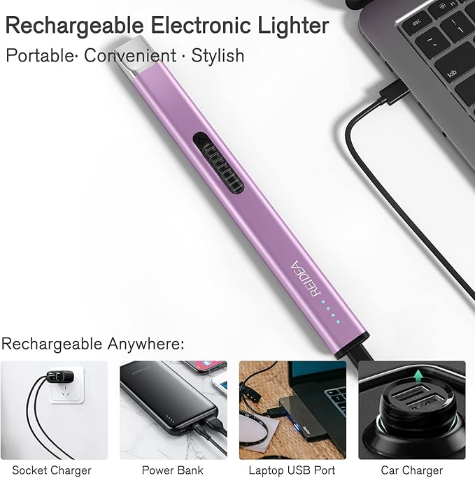 REIDEA Lighter Electronic Candle Lighter USB Rechargeable with Security Lock, Windproof Fast Heat Sinking, Non-slip Switch Electronic Lighter for Candle, Grill, Camping (2 Pack Lavender Purple)
