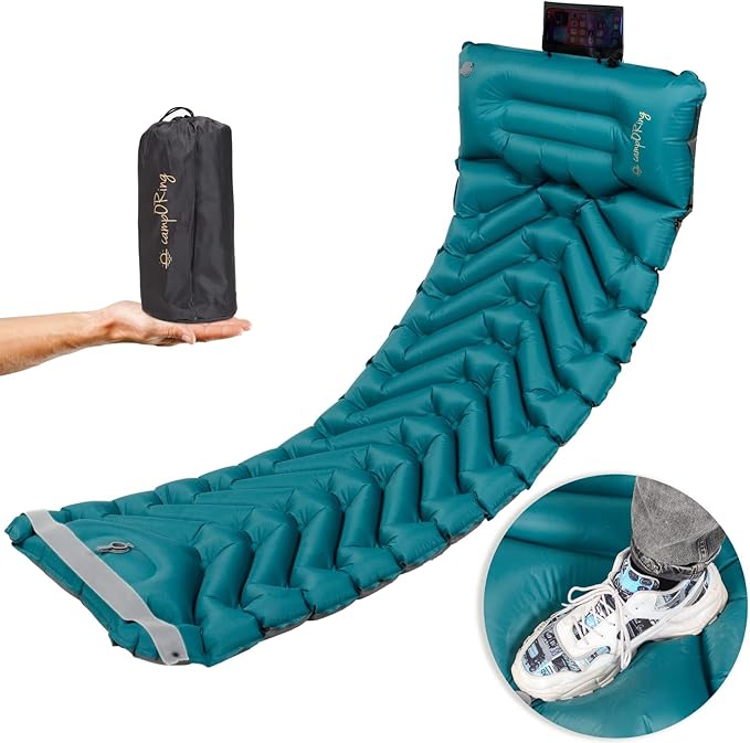 Inflatable Camping Sleeping pad, Thick 4 inch Ultralight Sleeping mat with Pillow, Sleeping pad with Built-in Foot Pump for Camping, Backpacking, Hiking, Traveling.