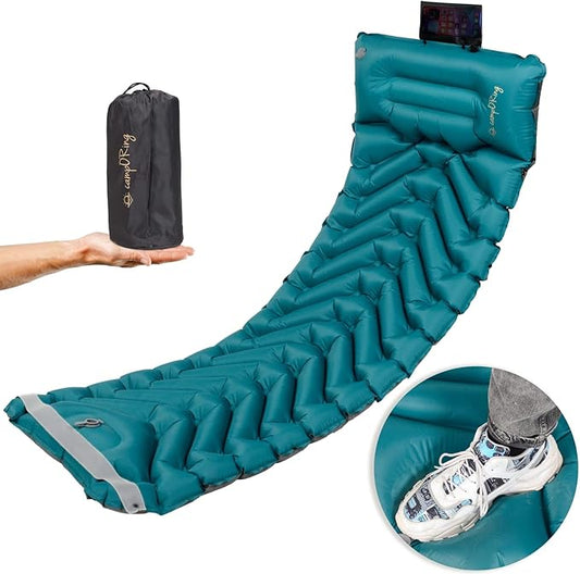 Inflatable Camping Sleeping pad, Thick 4 inch Ultralight Sleeping mat with Pillow, Sleeping pad with Built-in Foot Pump for Camping, Backpacking, Hiking, Traveling.