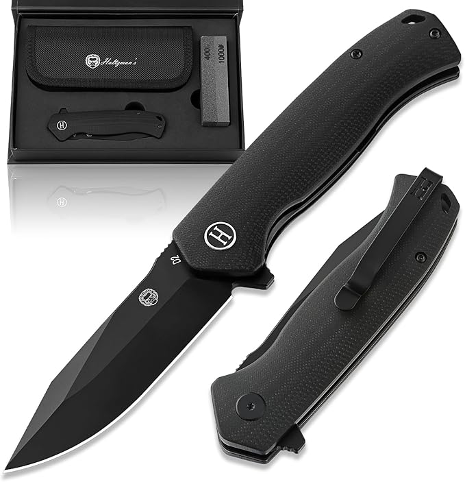 Holtzman's Gorilla Survival Folding Knife D2 Steel Blade G10 Handle Pocket Knife EDC Giftset for Men and Women (black blade + black handle)