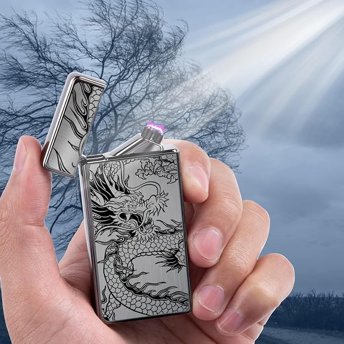 LcFun Electric Lighter USB Rechargeable Lighter, Windproof Plasma Dual Arc Lighter, Flameless Cool Lighters with LED Battery Indication for Candles, Incense Stick, Outdoor Camping (Black Dragon)