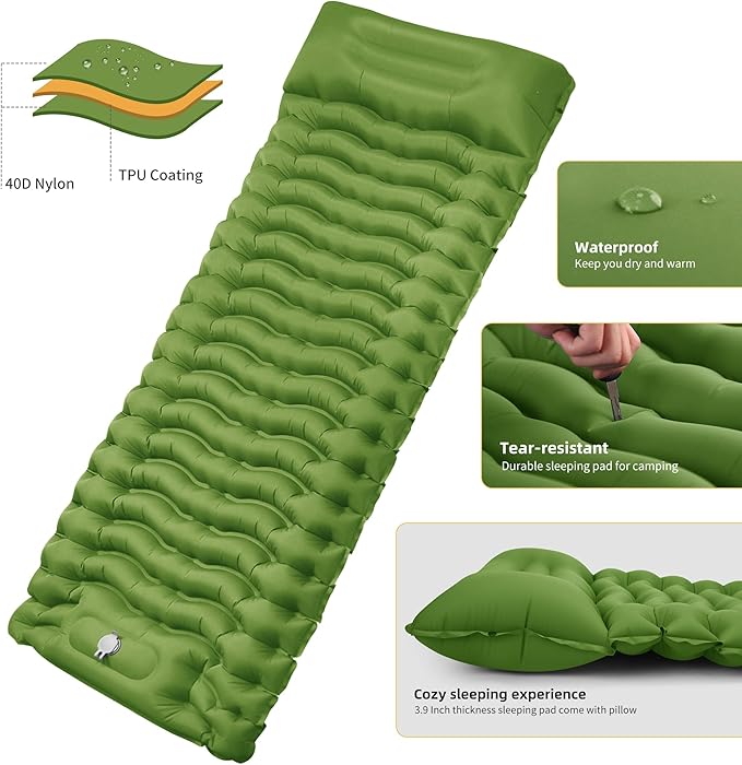 STURME Sleeping Pad for Camping, 3.9 Inch Thickness Self-inflating Camping Mattress with Foot Pump, Compact Air Mattress Ultralight Sleeping Mat with Pillow for Backpacking, Hiking, Outdoor -ArmyGreen