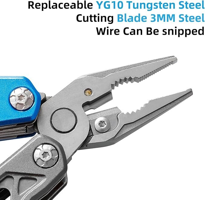Camping Axe Multitool with YG10 Tungsten Steel Replaceable Wire Cutters for Gift,17 in 1 Multi Tool with Spring-Action Pliers,Knife,Screwdriver,Flint Rob,Safty Whistle with Nylon Sheath (Blue)