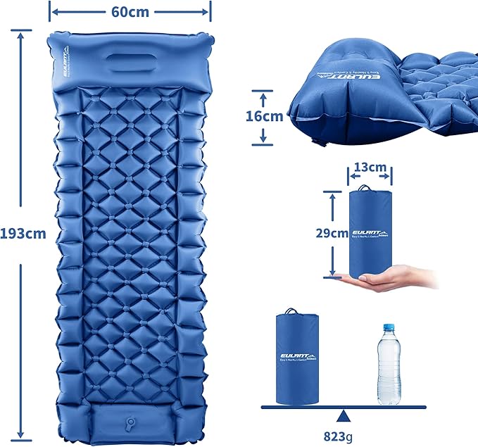 EULANT Single Sleeping Pad for Camping with Built-in Pillows & Foot Pump,Ultralight & Portable Self Inflating Air Mat for Camping Backpacking Hiking Tent