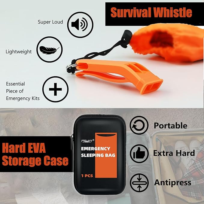 Frelaxy Emergency Sleeping Bag 1-Pack/2-Pack, Extra-Thick Compact Survival Bivy with Whistle, Storage Pouch, and EVA case, Perfect for Survival Kits (Orange - 1 Pack)