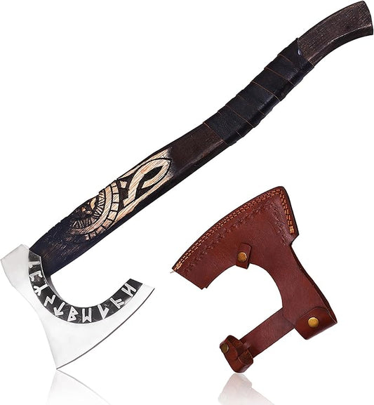 HUN-3004 Custom Handmade Viking Hatchet Axe Carbon Steel Head Bearded Camping Tomahawk Battle Ax with Sheath Ideal Gift for Men