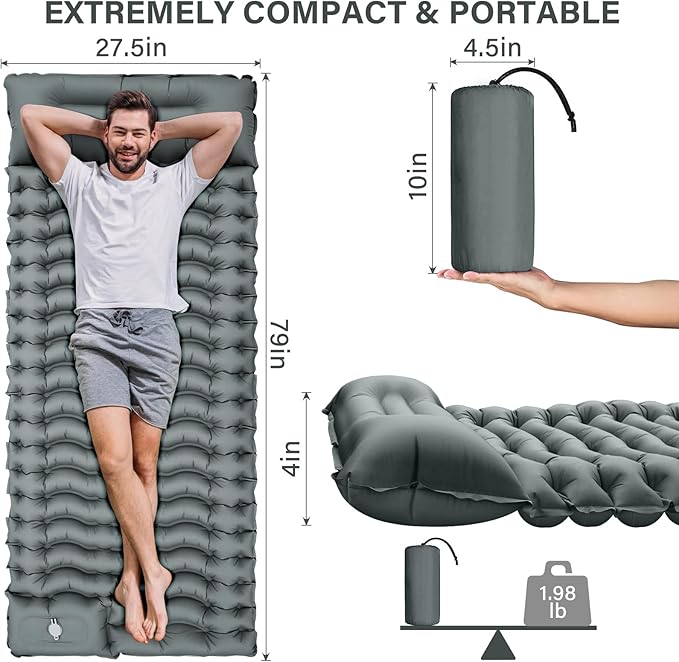 Camping Sleeping Pad, Ultralight Camping Mat with Pillow Built-in Foot Pump Inflatable Sleeping Pads Compact for Camping Backpacking Hiking Traveling - Gray