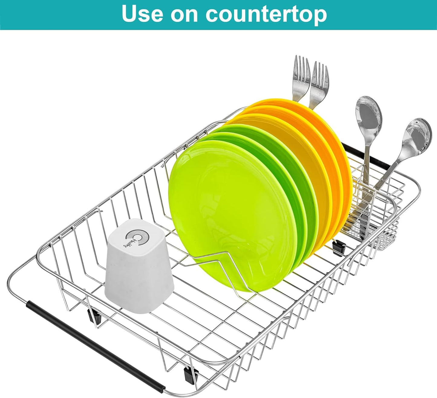 iPEGTOP Expandable Dish Drying Rack Organizer and Utensil Cutlery Holder, 304 Stainless Steel Over Sink Dish Rack, Dish Drainer in Sink or On Counter, Rustproof