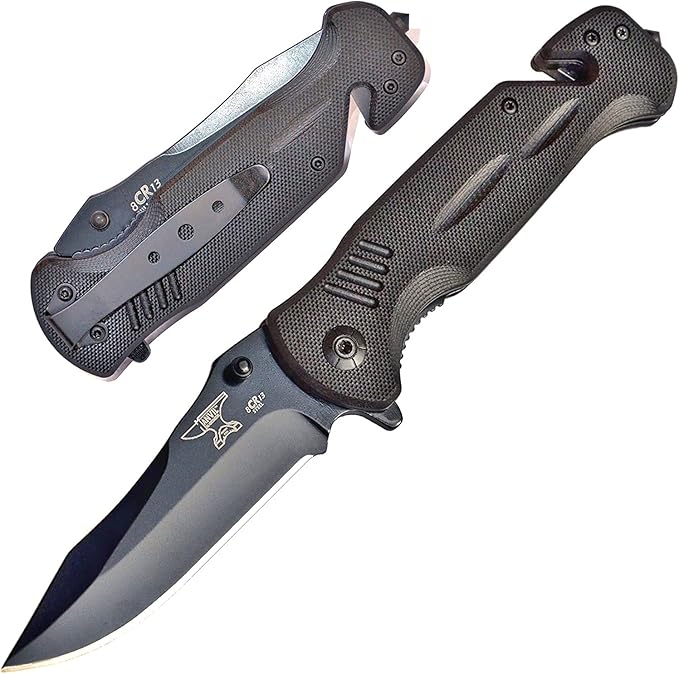 BULLSHARK G-10 8CR13 Folding Pocket Knife with Glass Breaker and Seatbelt Paracord Cutter - Straight Blade Black Assisted Open