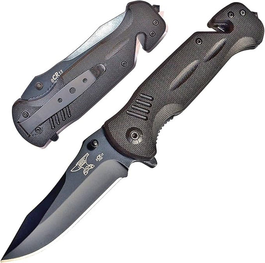 BULLSHARK G-10 8CR13 Folding Pocket Knife with Glass Breaker and Seatbelt Paracord Cutter - Straight Blade Black Assisted Open