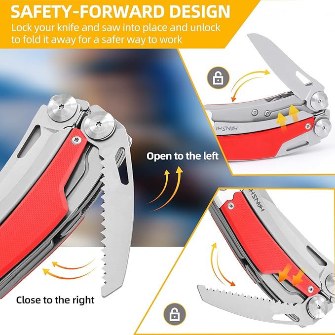 G10 Handle Multitool Pliers with YG10 Tungsten Steel Replaceable Wire Cutters 12 in 1 Multi Tool Pocket Knife with Safety Lock,Saw,Bottel Opener for Camping,Survival with Nylon Sheath (red)