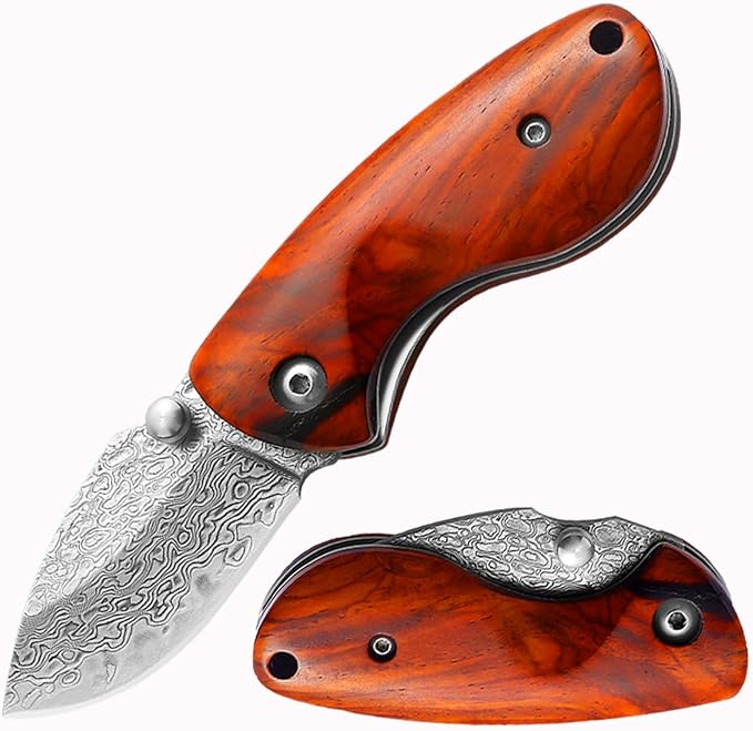 Small Folding Pocket Knife (KF1), 1.77 Inch Damascus Steel Blade with Thumb Stud. EDC Knife with Rosewood Handle and Liner Lock, 2.39 oz, Red
