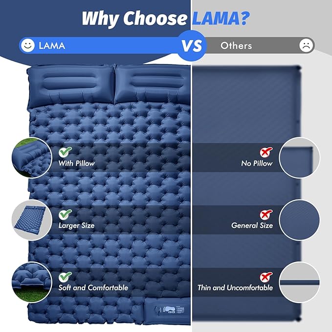LAMA Double Sleeping Pad for Camping, 2 Persons Self Inflating Camping Mat for Sleeping, Ultralight Sleeping Mat with Pillow Built-in Pump, Ultra-Thick Air Mattress for Backpacking, Hiking, Blue