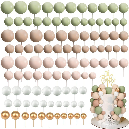 108 Pcs Balls Cake Topper DIY Cupcake Insert Foam Balloons for Cake Baking Wedding Anniversary Birthday Decoration(Matcha Green, Light Brown, Khaki,Multi Sizes)