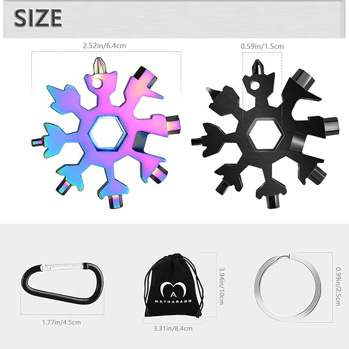 Snowflake Multitool, 2pcs Snowflake Tool Stainless Steel 18 in 1 Snowflake Multitool with Carabiner Clip, Keyring and Storage Bag for Christmas Gift Men's Present（black and color）