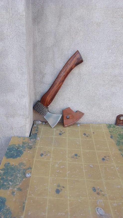 Handmade Viking Axe Real Carbon Steel Short Handle 12 Inch Bushcraft Tool Axe with Leather Sheath Camping Bearded Hatchets Hunting Axe Valentine's Day Gift, Birthday Gift for him (VK-Ax-7)