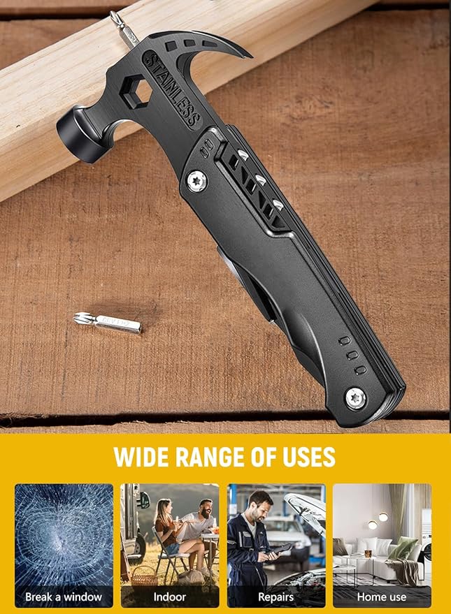 All in One Survival Tools Hammer, Portable Folding Multifunctional Hammer for Outdoor Hiking and Camping, Vehicle Mounted Emergency Claw Hammer Gadgets Accessories