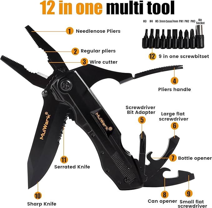 MULWARK Folding Multitool Pocket Knife 12 in 1 Survival Knife - Pocket Knife for Men - Gift for Men, Hunting Knife, Tactical Camping Knife - Black