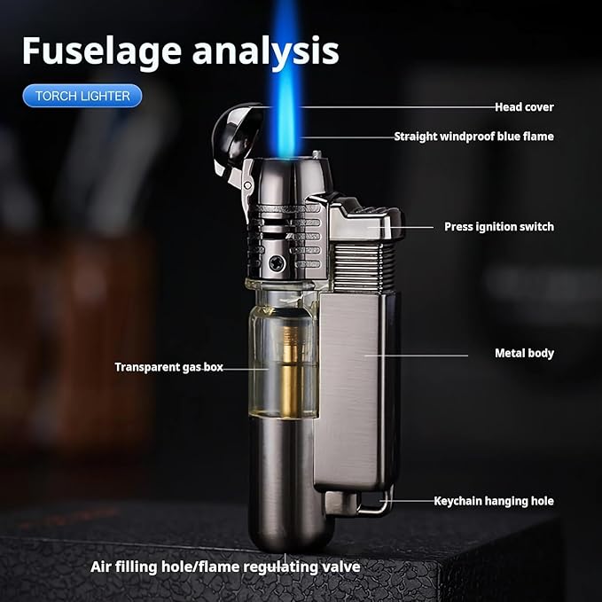 Windproof Butane Torch Lighters - 2 Pack with Visible Window Pocket Lighter - Adjustable Jet Flame Cigar Lighter for Fireplace Fireworks Grill Camping BBQ Lighter(Without Gas) (Black)