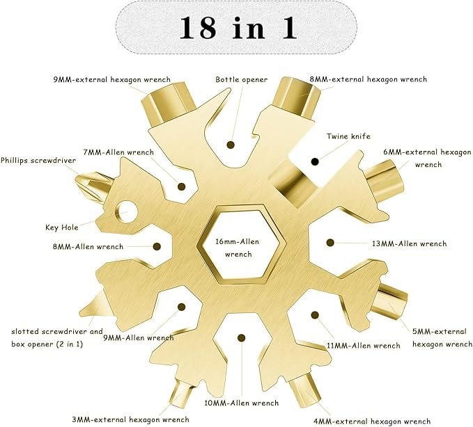 Snowflake Multitool, 2pcs Snowflake Tool Stainless Steel 18 in 1 Snowflake Multitool with Carabiner Clip, Keyring and Storage Bag for Christmas Gift Men's Present（color and gold）
