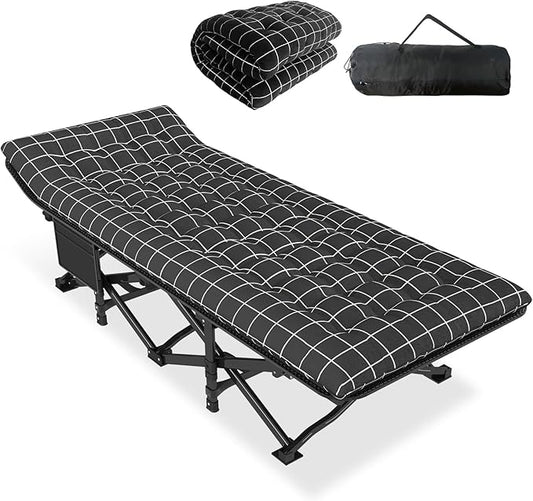ATORPOK Camping Cot for Adults with Cushion Comfortable,Portable Folding Bed for Sleeping,Lightweight Folding Bed with Carry Bag for Kids Supports 450 lbs (Black)