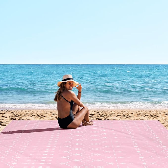 Beach Blanket Waterproof Sandproof, 110''×118'' Extra Large Beach Mat for 8 Adult, Pink Polyester Picnic Blankets w/Stakes, Compact Quick Drying Outdoor Blanket for Travel, Camping, Hiking