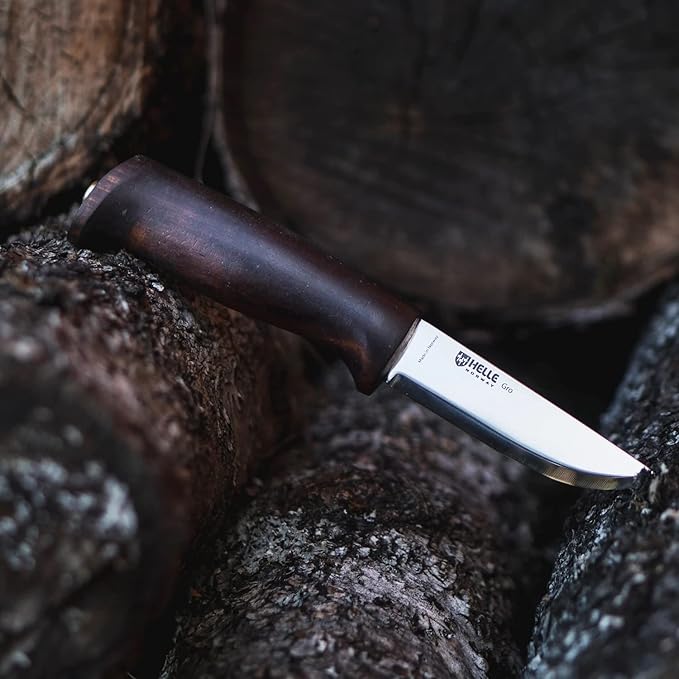 HELLE Knives - Gro- Fixed Blade Knife - Birch Wood Handle - Stick Tang- Camping, Hunting - 12C27 Stainless Steel - Leather Sheath - Made in Norway