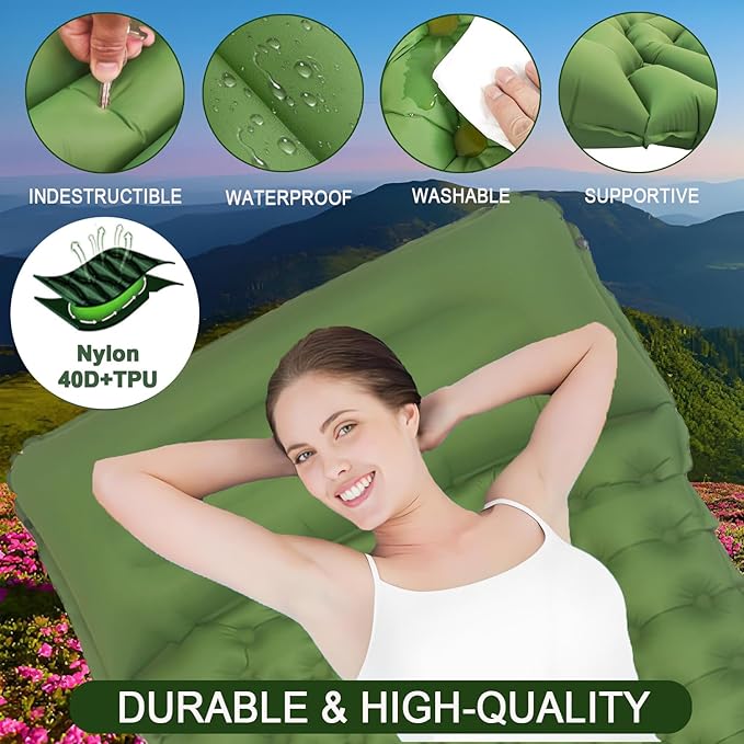 Sleeping Pad Ultralight Inflatable Camping Sleeping Pad with Pillow,Built-in Foot Pump,Lightweight Camping Mattress,Thick 4" Sleeping Mat for Camping Backpacking Hiking (Green, Single)