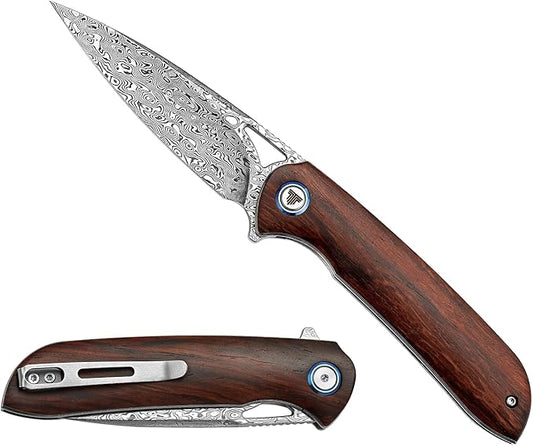 Handmade Folding Hunting Knife，3.5in 110 Layers Damascus Steel Liner Lock Rosewood Handle with Deep Carry Pocket Clip&Titanium Pivot Ring,Thumb Hole Flipper Opener with Ceramic Ball Bearing EDC Knives for Men，Sgr-01