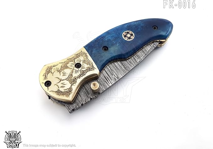 SHINY CRAFTS - Damascus Pocket Knife Knives For Men Military Knife Survival Knife- Folding Knives - Everyday Carry - PlainEdge - Leather Sheath (FK 16)