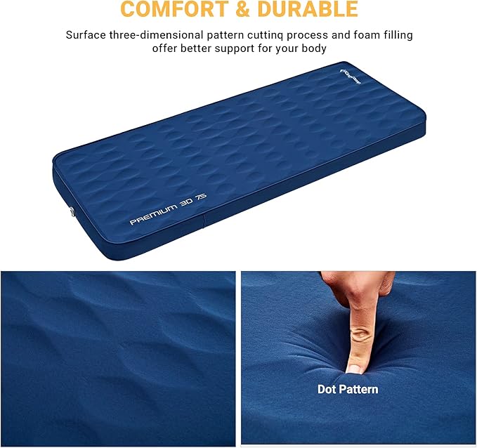 KingCamp Premium 3D Self-Inflating Camping Sleeping Pad Mattress Comfortable 3 “Thick Portable Lightweight Double Single R-Value 6.1 Warm for Winter Camping Indoor Outdoors Single-Navy