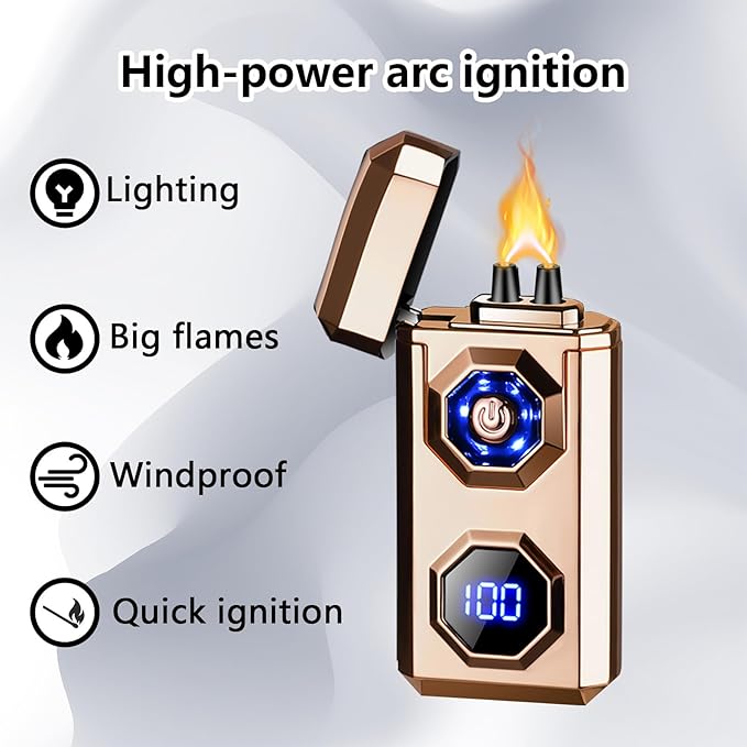 Electric Lighter,Arc Lighters Rechargeable,USB Type-C Fast Charge,High Power Windproof Lighter with LED Battery Display and LED Lighting, Suitable for Camping,Scented Candles(Gold)