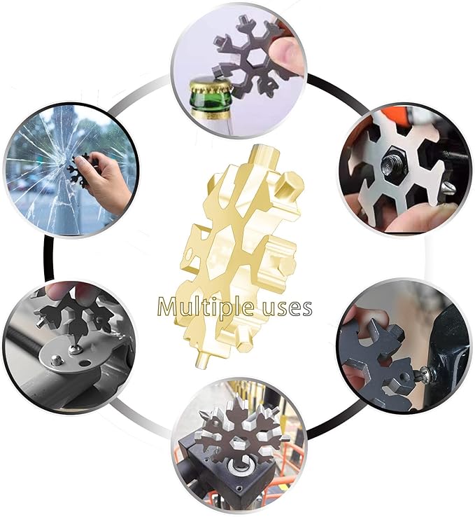 Snowflake Multitool, 2pcs Snowflake Tool Stainless Steel 18 in 1 Snowflake Multitool with Carabiner Clip, Keyring and Storage Bag for Christmas Gift Men's Present（color and gold）