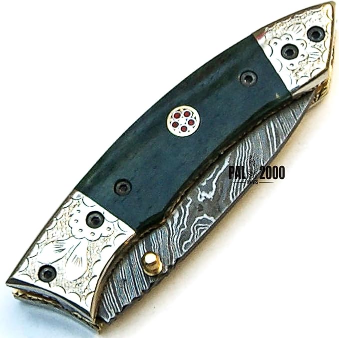 PAL 2000 KNIVES FOL-9455 Handmade Damascus Blade Hunting knife 7.4 Inches Folding Pocket Knife Stained Camel Bone Handle