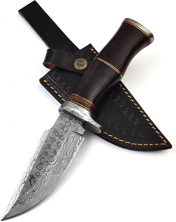 Handmade Damascus Steel Hunting Knife Fixed Blade for Camping, Survival, and Hunting - Premium Outdoor Gear Razor Sharp Edge with Camel Bone and Rose Wood Handle