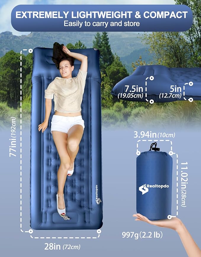 Extra Thick 5 Inch Camping Sleeping Pad - Self Inflating Sleeping Pad with Pillow, Camping Mattress Pad with Foot Pump, Sleeping Pad Mat for Camping Backpacking, Hiking, Traveling (Blue)